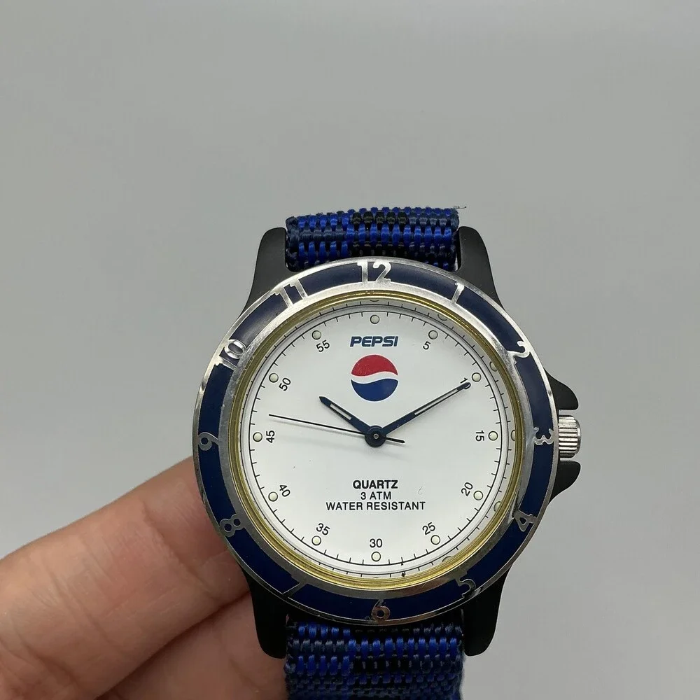 Pepsi Mens Watch 39mm Promotional Blue Bezel Blue Nylon 3 ATM New Battery
